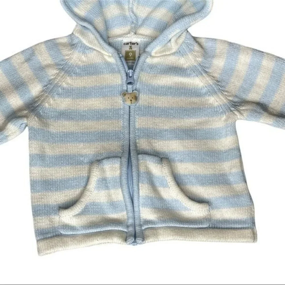 Carter's Blue/White Hooded Sweater Zip Front Baby 9M Cozy Classic Casual - Picture 5 of 13